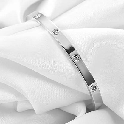 VQYSKO Love Friendship Bracelet Bangle Gold Rose Gold Silver with Cubic Zirconia Stones Stainless Steel Hinged Jewelry with Crystal Oval Bracelet Birthday Present for Her Women Teen Girls - style: 6.5Inch-4MM-Oval-Silver
