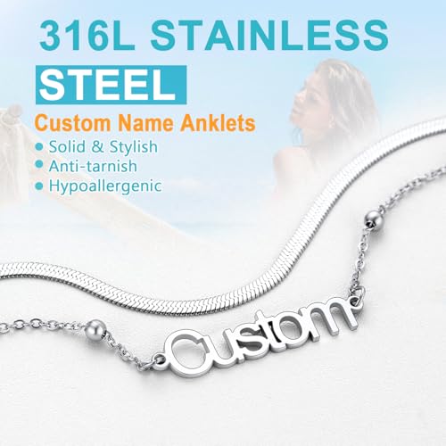 U7 Custom Layered Ankle Bracelets for Women Stainless Steel Bead/Cuban/Figaro/Rope/Wheat Chain Anklet Waterproof Anklet Jewelry for Beach Vacation - color: b-Silver-Herringbone Chain