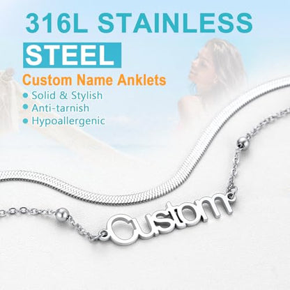 U7 Custom Layered Ankle Bracelets for Women Stainless Steel Bead/Cuban/Figaro/Rope/Wheat Chain Anklet Waterproof Anklet Jewelry for Beach Vacation - color: b-Silver-Herringbone Chain