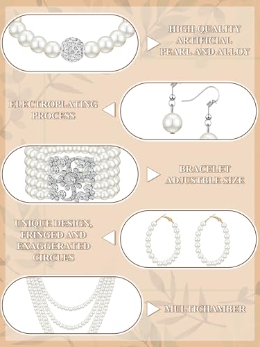 BBTO 8 Pcs Pearl Necklace and Earring Set for Women Faux Pearl Bracelet Costume Jewelry Set for Wedding Bridal Shower Party - style: Classic