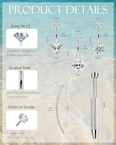 ONESING 14G Belly Button Rings Hypoallergenic Surgical Stainless Steel Belly Rings for Women Round Heart Teardrop Cubic Zirconia 12MM Navel Piercing Jewelry Barbell Studs with Tools - color: Silver-14G