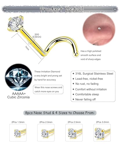 8Pcs Nose Rings Studs Set for Women Men: Hypoallergenic G23 Titanium/316L Surgical Stainless Steel Nose Studs, Nickel-free Lead-free L Shaped Corkscrew Nose Piercing Jewelry CZ 1.5mm 2mm 2.5mm 3mm - style: 8pcs 20G Gold - Stainless Steel