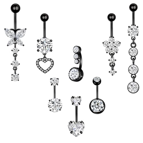 LEE&RO Belly Button Ring Dangle Stainless Steel Belly Rings 14G Belly Button Piercing Cute Navel Ring Belly Piercing Jewelry - style: 8Pcs-Black Tone