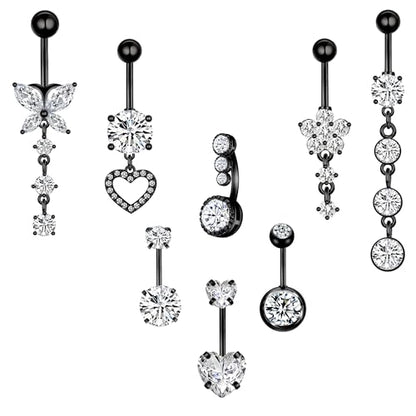 LEE&RO Belly Button Ring Dangle Stainless Steel Belly Rings 14G Belly Button Piercing Cute Navel Ring Belly Piercing Jewelry - style: 8Pcs-Black Tone