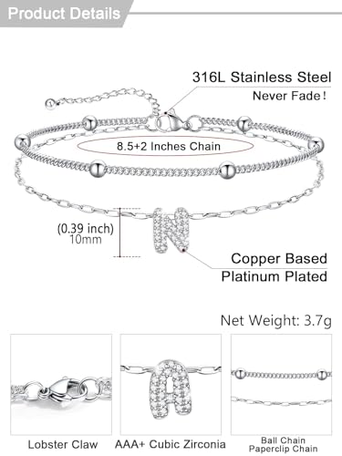 U7 Initial Ankle Bracelets for Women Silver/Gold Anklets Waterproof, 14K Gold Plated Layered Anklets Bracelet Stainless Steel Hypoallergenic 8.5"-10.5" - color: Silver-CZ, size: N
