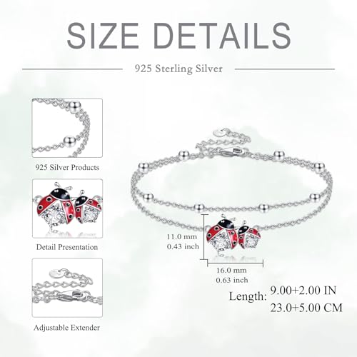 POPLYKE Frog/Pearl/Dragonfly/Ladybug/Highland Cow/Pearl/Moonstone Anklets Sterling Silver Double Layered Chain Beach Anklets for Women Foot Jewelry - style: Ladybug Anklets