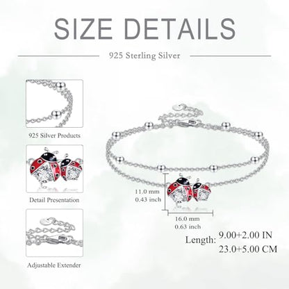 POPLYKE Frog/Pearl/Dragonfly/Ladybug/Highland Cow/Pearl/Moonstone Anklets Sterling Silver Double Layered Chain Beach Anklets for Women Foot Jewelry - style: Ladybug Anklets