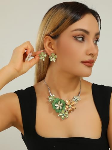 Chunky Statement Jewelry Set Vintage Retro Leaf Flower Floral Geometric Bohemian Boho Bib Necklace Earring Set Fashion Costume Jewelry for Women Girls Wedding Party Prom Unique Gift - style: 5 petal flower JS silver green