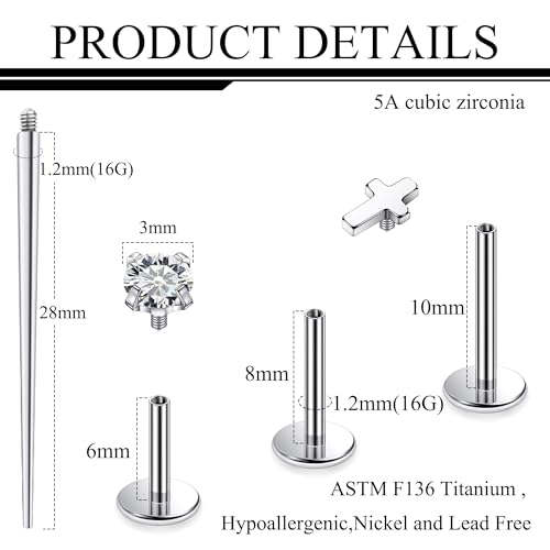 Titanium Flat Back Lip Rings Internally Threaded Earrings Studs Nose Rings 16G Cross Curve Stripe Tragus CZ Cartilage Lobe Rook Helix Conch Labret Medusa Piercing Jewelry for Women Men - style: Cross