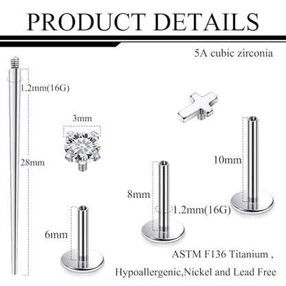 Titanium Flat Back Lip Rings Internally Threaded Earrings Studs Nose Rings 16G Cross Curve Stripe Tragus CZ Cartilage Lobe Rook Helix Conch Labret Medusa Piercing Jewelry for Women Men - style: Cross
