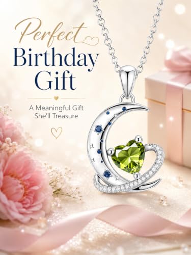 Birthstone Necklace for Women White Gold Moon and Star Pendant Moon Jewelry Anniversary Birthday Gifts for Mom Wife Her - color: 08. August - Peridot