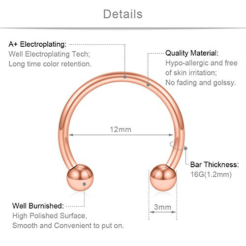 SCERRING 8PCS 16G Stainless Steel Nose Septum Horseshoe Earring Eyebrow Septum Lip Helix Tragus Piercing Ring 6-12mm - color: 8PCS - Rose Gold