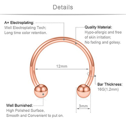 SCERRING 8PCS 16G Stainless Steel Nose Septum Horseshoe Earring Eyebrow Septum Lip Helix Tragus Piercing Ring 6-12mm - color: 8PCS - Rose Gold