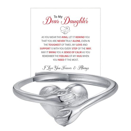 To My Daughter Hug Ring For Hope Rings, Inspirational Stainless Steel Engarved With Always With You Message Adjustable Ring for Women Non Tarnish Jewelry Gift for Her Birthday Christmas - color: Heart-Silver
