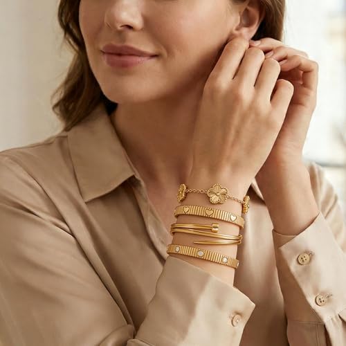 Stackable Gold Bracelets for Women - 4 Sets, 18K Gold Plated Bracelets, Stainless Steel Bangle Bracelets Non-Tarnish, Stylish Gold Jewelry Ensemble, Valentine's Day, Birthday and Christmas Jewelry Gifts - color: A2-(Gold 4Sets)
