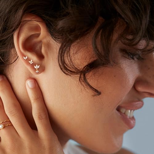 Sterling Silver Earrings Stacks for Women, Hypoallergenic Cartilage Earring | Dainty Stud Huggie Hoop Dangle Chain Earrings, 14K Gold/White Gold Plated - color: 3Pairs-Butterfly Set-Gold
