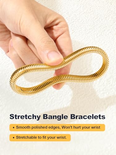 U7 Stretch Bracelets for Women Stainless Steel 18K Gold Plated Bangle Bracelets,Non Tarnish Link Bracelets,10mm,16mm,20mm - color: 01.Gold-10mm