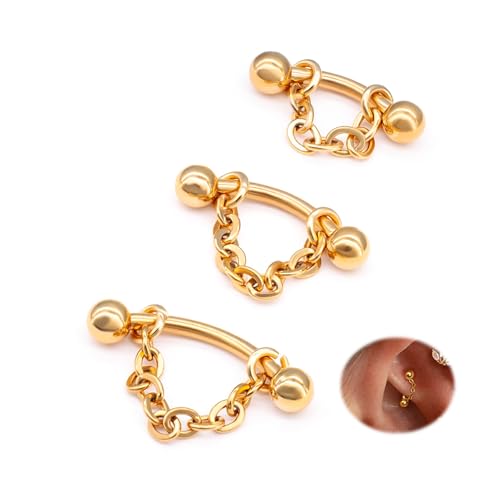 3 Pcs 316L Stainless Steel 16G Tragus Helix Rook Piercing Jewelry with Chain, Cartilage Earrings for Women, Belly Button Ring Vertical Labret Lip Piercing Jewelry - color: Gold, size: Ball