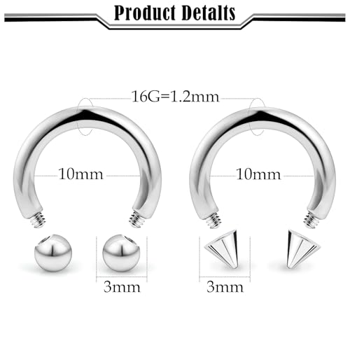20G-00G Septum Rings horseshoes Nose Rings Hoops 316L Surgical Steel Snake Bites Lip Nipple Ring Cartilage Tragus Helix Rook Conch Daith Earrings Pa Piercing Jewelry for Women Men - style: 16G(1.2mm)-Dia:10mm