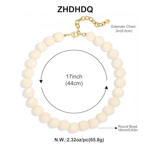 Multicolor Chunky Beaded Necklace, Statement Colorful Round Ball Beads Choker Necklace with Gold-Tone Adjustable Chain, Fashion Bold Neck Jewelry for Women - color: 16mm-Beige