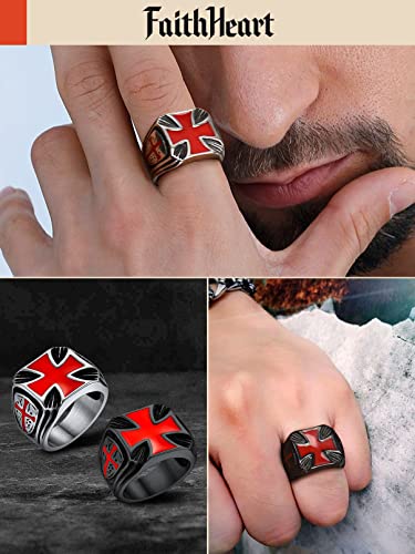 FaithHeart Mens Stainless Steel Crusader Jerusalem Cross Ring with 18K Gold Plated Two Tone Ring Size 7,8,9,10,11,12 - color: 03. Shield Cross-Black