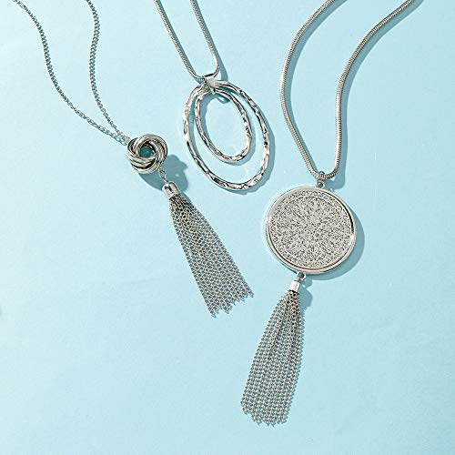SEVENSTONE 3PCS Long Pendant Necklaces for Women Knot Disk Circle Tassel Statement Sweater Necklace Set - color: Silver