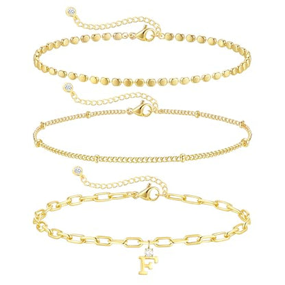 ZHESHY Gold Initial Bracelets for Women Dainty Letter A-Z Charm Bracelets Non Tarnish 14K Gold Plated Stackable Layered Paperclip Link Chain Bracelets Stack Set Personalized Gifts Womens Jewelry - color: Gold F