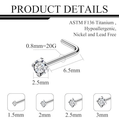 ASTM F136 Titanium Nose Rings 18G 20G 22G Clear Round Cubic Zirconia Nose Studs Ring Screw L-Shaped Bone Hypoallergenic Body Piercing Jewelry for Women 1.5mm 2mm 2.5mm 3mm 4PCS - style: L-Shaped:20G(0.8mm)