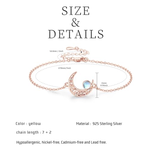 Moon Bracelet for Women 925 Sterling Silver Moonstone/Birthstone Moon Bracelet Butterfly/Dragonfly Bracelet Celtic Moon Butterfly Dragonfly Jewelry Gifts for Women - style: Moonstone-Rose Gold Plated