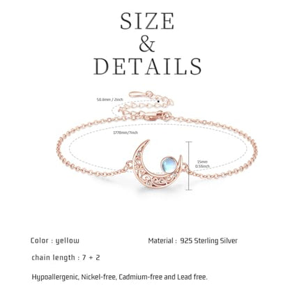 Moon Bracelet for Women 925 Sterling Silver Moonstone/Birthstone Moon Bracelet Butterfly/Dragonfly Bracelet Celtic Moon Butterfly Dragonfly Jewelry Gifts for Women - style: Moonstone-Rose Gold Plated