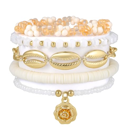 LALAPPLE Shell Bracelet Boho Beaded Stretch Bracelets for Women Seashell Strand Bracelets Starfish Charm Jewelry Summer Beach Jewelry Stackable Crystal Gold Plated Beads Bracelet for Women - style: T-Style9 petal