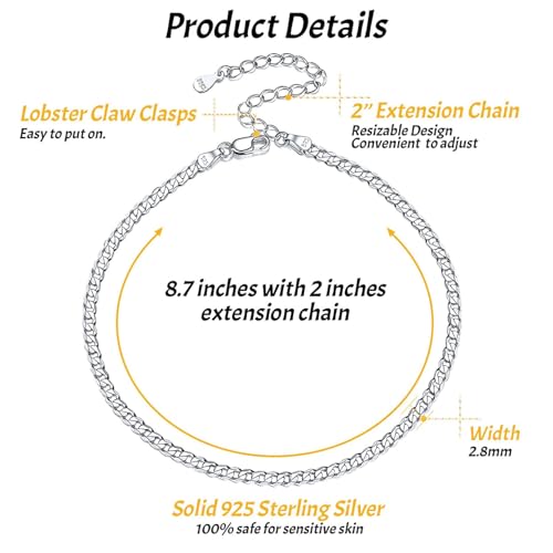 ChicSilver 925 Sterling Silver Ankle Bracelet for Women, Simple Cuban Link/Figaro/Twist Rope Chain Anklets for Beach Party(with Gift Box) - style: 06: Cuban Chain-2.8mm wide
