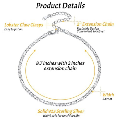 ChicSilver 925 Sterling Silver Ankle Bracelet for Women, Simple Cuban Link/Figaro/Twist Rope Chain Anklets for Beach Party(with Gift Box) - style: 06: Cuban Chain-2.8mm wide