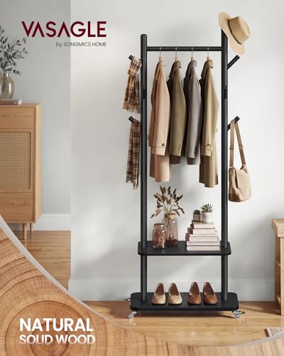 VASAGLE Freestanding Coat Rack Stand with 7 Hooks, 2 Shelves, 4 Removable 360° Swivel Wheels, Wooden Hooks and Pole, for Entryway, Bedroom, Living Room, Ink Black URCR053BH01 - color: Ink Black, style: Minimalist