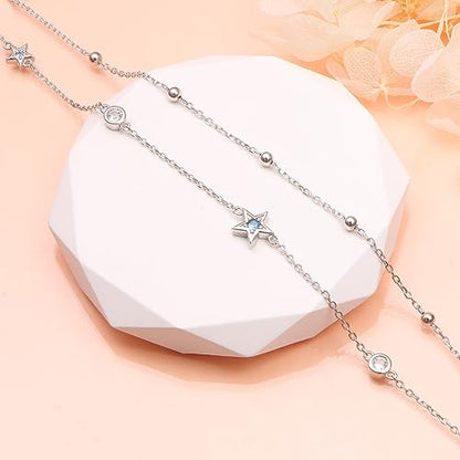DAOCHONG Double Foot Chain Layer Ankle Bracelets for Women S925 Sterling Silver 3 Blue Stars Beads Chain Double Layer Anklet Beach Jewelry Anklet 9+1.5 inches - style: 02_Three Star