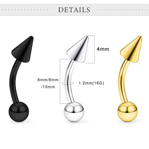18Pcs Angel Bites Piercing Jewelry Surgical Steel Vertical Labret Lip Jewelry 16G Snake Bites Piercing Jewelry Curved Barbell Long Spike Eyebrow Rings for Women Men Bar Length 6mm/8mm/10mm - style: spike length 4mm
