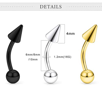 18Pcs Angel Bites Piercing Jewelry Surgical Steel Vertical Labret Lip Jewelry 16G Snake Bites Piercing Jewelry Curved Barbell Long Spike Eyebrow Rings for Women Men Bar Length 6mm/8mm/10mm - style: spike length 4mm