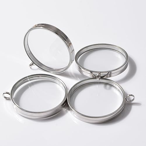 WANDIC Silver Photo Charms, 4 Pcs Screw Thread Round Memory Locket Pendants, Bridal Wedding Bouquet Frame for Bouquet or Car Decoration, Key Chain, Necklace Making, 40mm - size: 40mm