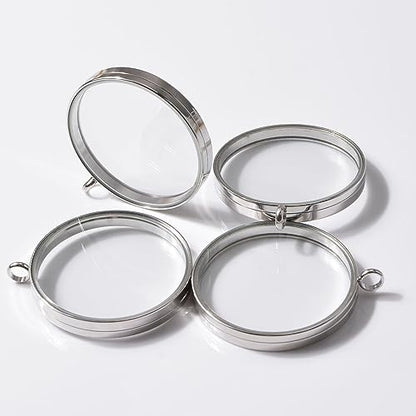 WANDIC Silver Photo Charms, 4 Pcs Screw Thread Round Memory Locket Pendants, Bridal Wedding Bouquet Frame for Bouquet or Car Decoration, Key Chain, Necklace Making, 40mm - size: 40mm