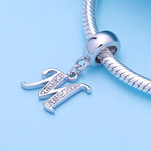 925 Sterling Silver Letter Charms Fits Pandora Bracelets, Gift for Women | A-Z Alphabet Initial Charm with CZ,Great gift for Christmas, Valentine's Day, Mother's Day. - color: M