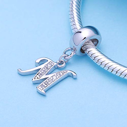 925 Sterling Silver Letter Charms Fits Pandora Bracelets, Gift for Women | A-Z Alphabet Initial Charm with CZ,Great gift for Christmas, Valentine's Day, Mother's Day. - color: M