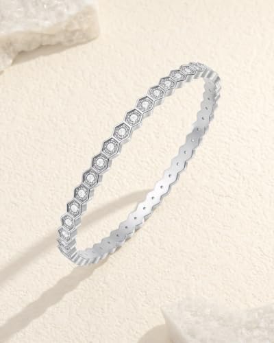 Joo&Rind Gold Bangle Bracelets for Women 18K Gold Plated Stainless Steel Bracelet Oval Hinged Bangles for Small Wrists Non Tarnish Waterproof with Cubic Zirconia Jewelry Gift for Everyday Wear Birthday - color: Zirconia-Edged Bangle-Silver