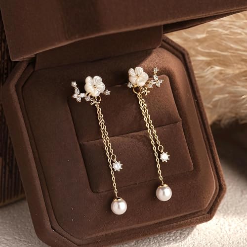 14K Gold Plated CZ Flower Dangle Earrings for Women, Sparkly Cubic Zirconia Long Tassel Drop Earrings, Bridal Wedding Jewelry - color: A:Flower Pearl Earrings