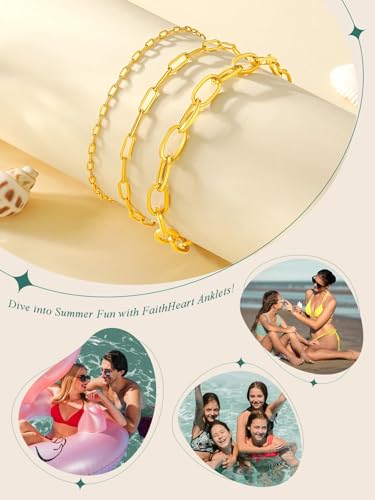 FaithHeart Waterproof Ankle Bracelets for Women, 1/2/3Pcs Non Tarnish Stainless Steel Layered Anklet Set Paperclip Figaro Cuban Link Chain Dainty Summer Beach Jewelry Gift Adjustable Size - style: d.Paperclip 3Pcs - Gold