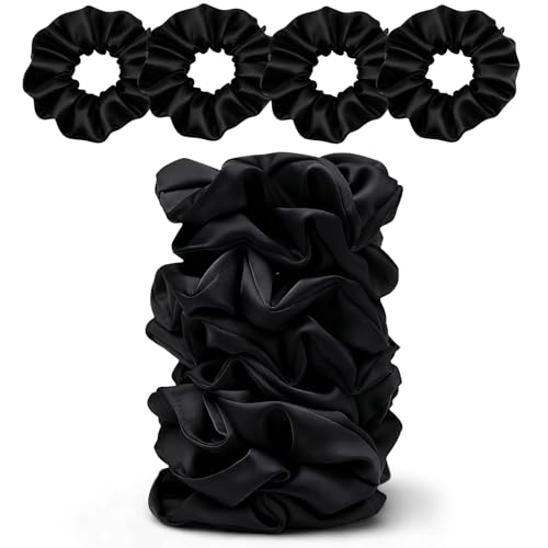 Satin Scrunchies for Women – 8PCS Black Silk Hair Ties – No Crease, Frizz-Free, Gentle Elastic Hair Bands for Thick & Thin Hair, Soft & Stylish Hair Accessories Gifts - color: Large-Black