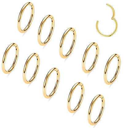 Casvort 10 PCS 16G Seamless Septum Nose Piercing Rings Segment Tragus Hoop Rings 316 Stainless Steel Helix Ring Stack Clickers Ear Plugs Hangers Women Body Jewelry - color: Gold Classic, size: 1.6*12mm 10 PCS