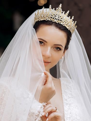 SWEETV Crystal Wedding Tiara for Women, Royal Queen Crown Headband, Rhinestone Princess Hair Accessories for Prom Birthday - color: 1.Gold-Tone