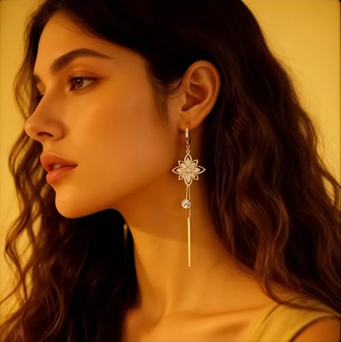 14K Gold Plated CZ Flower Dangle Earrings for Women, Sparkly Cubic Zirconia Long Tassel Drop Earrings, Bridal Wedding Jewelry - color: C:Flower Pearl Earrings