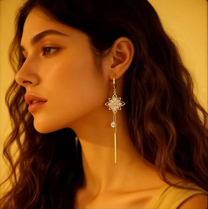 14K Gold Plated CZ Flower Dangle Earrings for Women, Sparkly Cubic Zirconia Long Tassel Drop Earrings, Bridal Wedding Jewelry - color: C:Flower Pearl Earrings