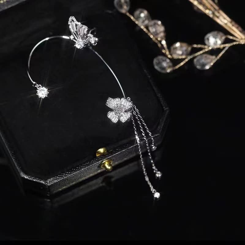 2 Pairs Dainty Silver Butterfly Ear Cuffs & Wraps for Women Non Piercing Bling Butterfly Tassel Style Zircon Earrings Ear Clips Bridal Wedding Jewelry - color: Silver